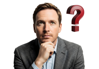 Thoughtful Man Question Mark Business Decision Pondering Problem Solving Brainstorming Idea Solution Doubt Dilemma Confusion Smart Handsome Executive