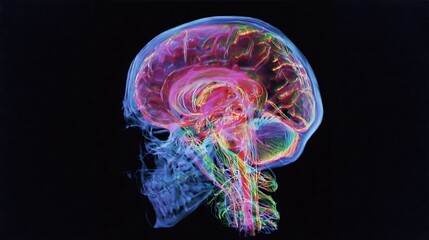 Colorful human brain scan with skull on black background for medical use