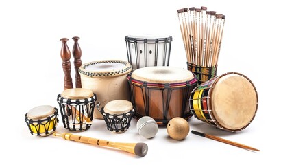 Drumming and Percussion Instruments on White Background – a vibrant and rhythmic display. The assortment of drumming and percussion instruments set against a clean white background creates an energeti