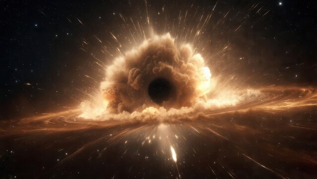 Cosmic Black Hole With Fiery Accretion Disk And Stellar Debris.