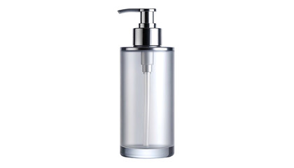 Elegant clear glass soap dispenser with silver pump for bathroom use.