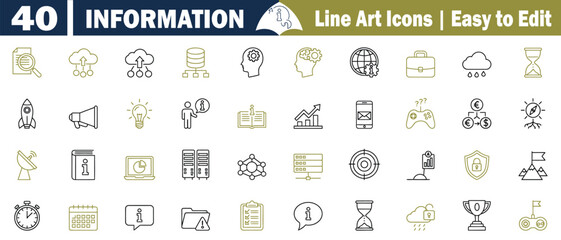 Information and data line art icons set. These vectors include business, finance, rocket, megaphone, light bulb, book, chart, graph, smartphone, controller, money, compass, illustration. 