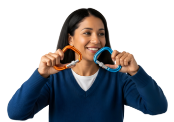 Colorful Carabiners with Smiling Woman Safety Equipment Gear Clip Adventure Tool Climbing Security Connector Hook Hiking Accessory Outdoors