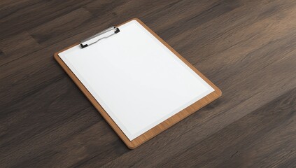 Fototapeta premium Clipboard with empty sheet of paper on wooden table