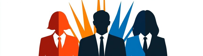 Vibrant abstract illustration of a diverse professional business team silhouettes with energetic bursts of color symbolizing collaboration leadership and collective triumph