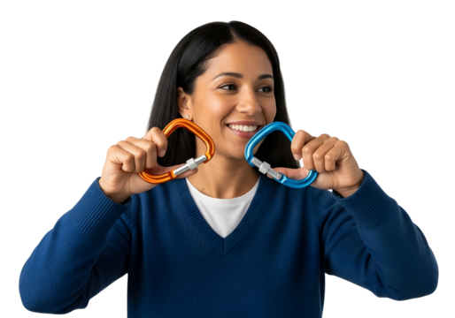 Colorful Carabiners with Smiling Woman Safety Equipment Gear Clip Adventure Tool Climbing Security Connector Hook Hiking Accessory Outdoors