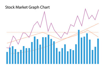 Stock Market Graph Chart Vector Illustration. Blue Bars and Pink Line, finance, business, trading, investment, economy, financial, data, analysis, trend, growth, decline, on White Background. 