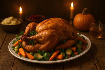 Festin de dinde r&ocirc;tie dor&eacute;e et garnie d&rsquo;herbes fra&icirc;ches
