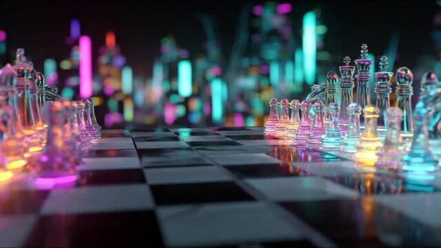 Colorful chess game futuristic cityscape
