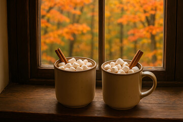 Tasses de chocolat chaud avec marshmallows et cannelle
