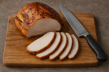 Dinde d&eacute;coup&eacute;e sur une planche en bois