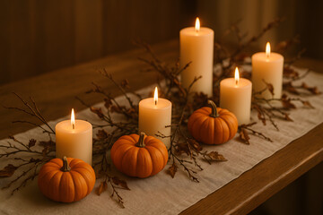 Chemin de table avec citrouilles et bougies