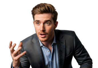 Surprised Professional Man Gesture Open Hand Question Expression Presentation Young Businessman Discussion Interview Meeting Communication Corporate