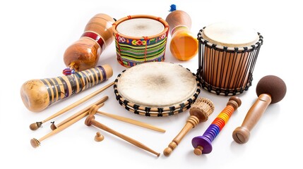 Drumming and Percussion Instruments on White Background – a vibrant and rhythmic display. The assortment of drumming and percussion instruments set against a clean white background creates an energeti