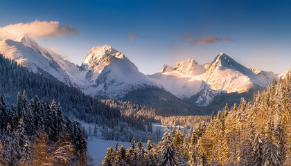 Obraz premium Mystical Winter Landscape With Snow Capped Mountains And Forest Scenery