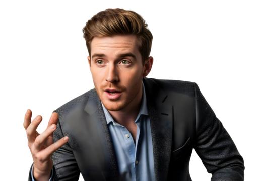 Surprised Professional Man Gesture Open Hand Question Expression Presentation Young Businessman Discussion Interview Meeting Communication Corporate