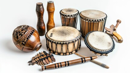 Drumming and Percussion Instruments on White Background – a vibrant and rhythmic display. The assortment of drumming and percussion instruments set against a clean white background creates an energeti