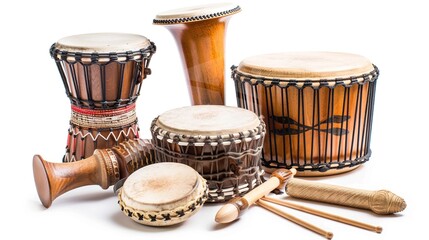 Drumming and Percussion Instruments on White Background – a vibrant and rhythmic display. The assortment of drumming and percussion instruments set against a clean white background creates an energeti