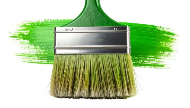 Green paint brush with green paint stroke on white background.