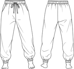 Jogger pants front back view, drawstring waist, ribbed cuffs, fashion flat sketch, technical apparel CAD illustration, vector template