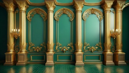 ornate gold columns and green walls in rococo inspired interior