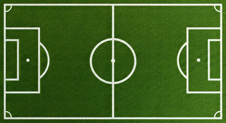 An overhead view of a stylized green soccer field, showing markings and goal areas.