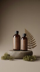 Natural Organic Skincare Product Bottles on Pedestal with Fern and Foliage, ai-generated