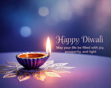 A single lit diya oil lamp casting a warm glow on a reflective surface with happy diwali text silhouette