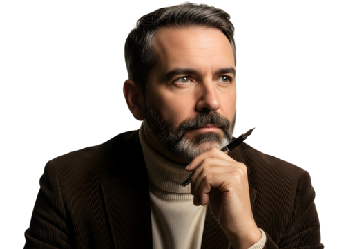 Thoughtful Man Author Writing Pen Creative Idea Businessman Writer Writing Business Inspiration Solution Intelligence Concept Idea Journalist