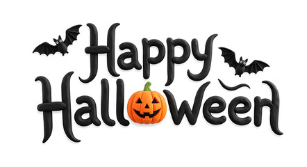 Happy Halloween text banner isolated on white, with pumpkin and bats