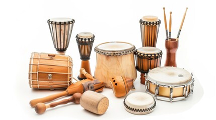 Drumming and Percussion Instruments on White Background – a vibrant and rhythmic display. The assortment of drumming and percussion instruments set against a clean white background creates an energeti