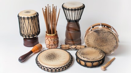 Drumming and Percussion Instruments on White Background – a vibrant and rhythmic display. The assortment of drumming and percussion instruments set against a clean white background creates an energeti