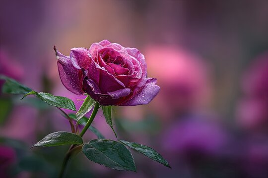 Closeup Purple Rose With Dew Drops