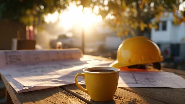 Architectural Contemplation: A close-up shot of a construction site, bathed in soft sunlight, revealing a blueprint, a coffee mug, and a safety helmet.