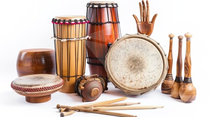 Drumming and Percussion Instruments on White Background – a vibrant and rhythmic display. The assortment of drumming and percussion instruments set against a clean white background creates an energeti