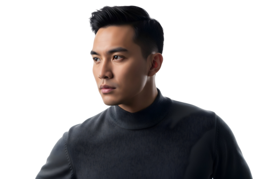 Attractive Confident Asian Man Portrait Headshot Model Handsome Male Person Looking Away Success Achievement Leader Posing Serious Studio Dark Mysterious