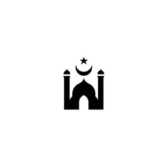 Obraz premium Black silhouette icon of mosque with crescent moon and star symbol on white