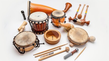Drumming and Percussion Instruments on White Background – a vibrant and rhythmic display. The assortment of drumming and percussion instruments set against a clean white background creates an energeti
