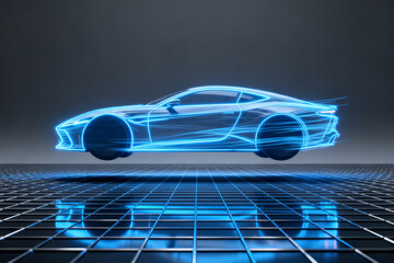 Holographic outline of a futuristic sports car displayed on a grid surface with blue lighting