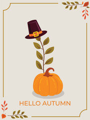Hello Autumn with Pumpkin and Hat Illustration