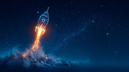 Holographic Rocket Blasting Off into the Starry Night Sky of the Future, innovative Ideas concept