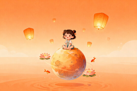 A girl sitting on a glowing moon with floating lanterns and lotus flowers in a serene orange sky