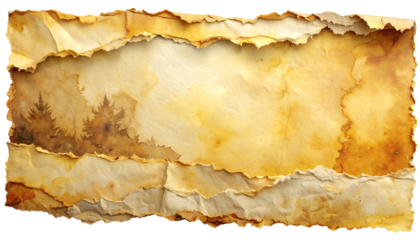 Vintage paper with torn edges and landscape illustration.