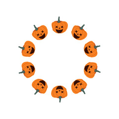 A round frame of scary pumpkin faces for Halloween. A cute Halloween frame border on a white background. This round vector design is perfect for spooky autumn decorations, banners, stickers