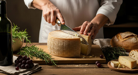 Artisanal Cheese Workshop - Artisan cheesemaker slicing wheel of cheese with bread, herbs and wine on rustic table