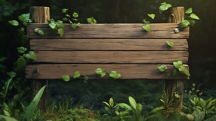 Fototapeta premium Rustic wooden signpost overgrown with green vines in a forest setting