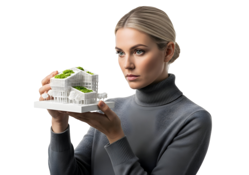Modern Sustainable Building Model Architectural Design Future Green Architecture Eco-Friendly Construction Innovative House Project Concept Woman Holding