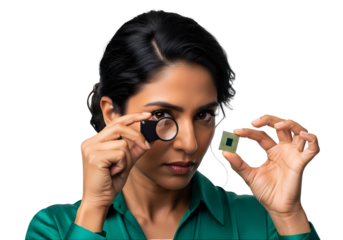 Silicon Chip Inspection by Engineer with Magnifying Glass Microprocessor Quality Control Semiconductor Examination Testing Engineering Tech