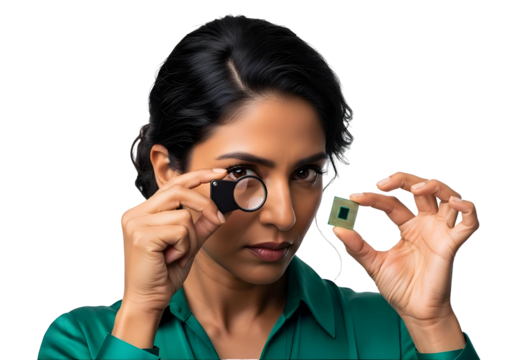 Silicon Chip Inspection by Engineer with Magnifying Glass Microprocessor Quality Control Semiconductor Examination Testing Engineering Tech