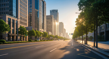 The city streets were wide and clean in the morning, free of traffic and almost devoid of vehicles, creating a calm and peaceful atmosphere. The warm, golden morning sun shone on the modern city build